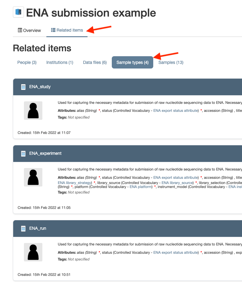 datahub ENA sample types